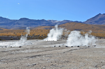 El Tatio  geothermal field with many geysers located in the Andes Mountains of northern Chile
