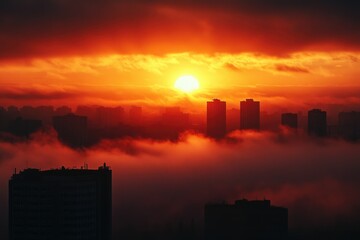 Naklejka premium A city surrounded by clouds and illuminated by the setting sun