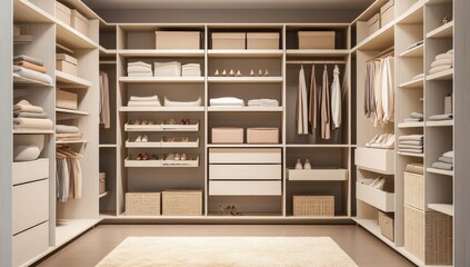 Obraz premium Modern Walk-in Closet Design: Neutral Tones and Organized Storage