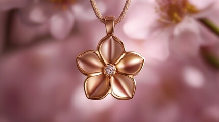 A stylish gold pendant with a minimalist daisy shape, glowing softly against a pastel pink background