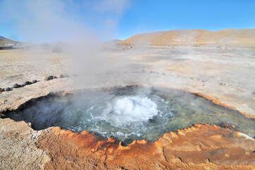 El Tatio  geothermal field with many geysers located in the Andes Mountains of northern Chile
