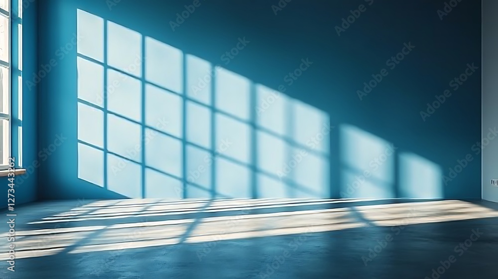 Poster Sunlight streams into a blue empty room, creating shadows, suitable for interior design