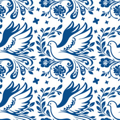 Pattern of doves, flowers and leaves. Elegant and symbolic design representing peace, nature and harmony. Isolated on white background. Vector