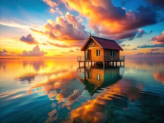 Fototapeta premium Surreal Floating House on Calm Water at Sunset - Dreamlike Stock Photo