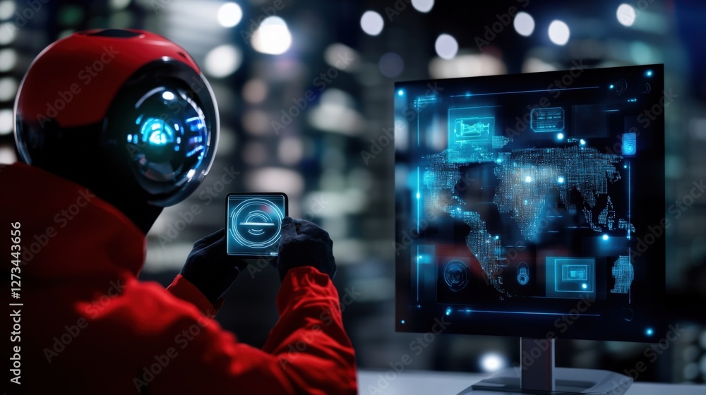 Poster futuristic data analysis urban cyber environment digital interaction high-tech workspace close-up vi