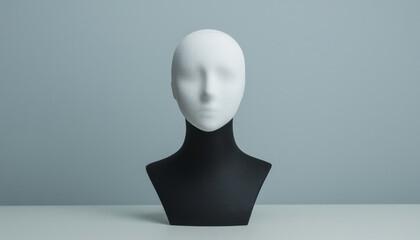 white mannequin head on black base against light blue background, showcasing minimalist design