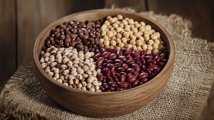 A variety of dry legumes in a wooden bowl, including kidney beans, chickpeas, and black-eyed peas, set against a rustic background