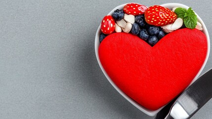 Fototapeta premium Heart Shape Bowl Filled With Red Dessert Topped With Fresh Berries And Nuts On Gray Background