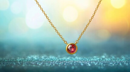 Fototapeta premium Beautiful gold necklace with a red gemstone pendant, shining subtly against a gradient blue background