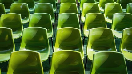 Naklejka premium Green plastic chairs with metal legs, arranged in rows on a blue background, demonstrate the repeatability and simplicity of the design.