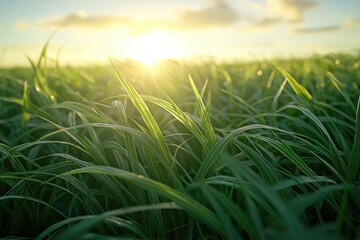 Fototapeta premium A serene landscape image of a field with the sun setting behind it