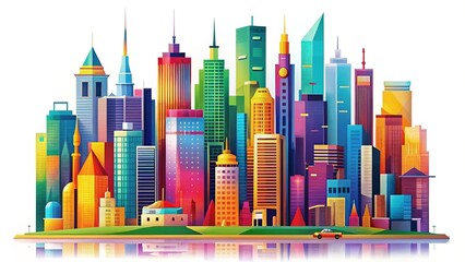 Vibrant City Skyline Abstract Background, Colorful Buildings, Urban Architecture Illustration