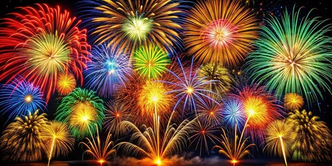 Fototapeta premium Vibrant Fireworks Explosion: Night Sky Spectacle, Colorful Pyrotechnics Display