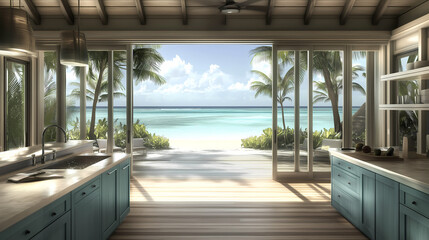 Fototapeta premium Beachside coastal kitchen with French doors opening to a deck, light blue cabinetry, and soft linens