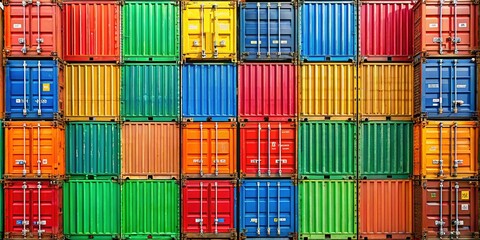 Fototapeta premium Vibrant Stacked Shipping Containers: Colorful Urban Industrial Background