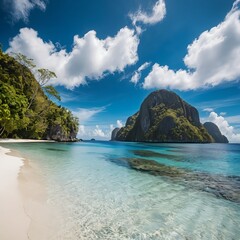 Fototapeta premium Idyllic Tropical Beach with Clear Turquoise Water and Lush Green Cliffs