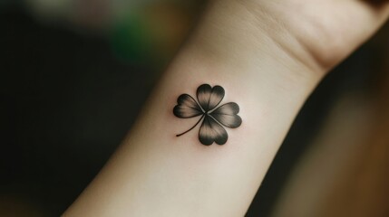 Obraz premium Close-up of a four-leaf clover tattoo on a person’s wrist, elegant minimalist black ink design, smooth skin, soft-focus background, artistic detail, stylish and trendy tattoo aesthetic, shamrock