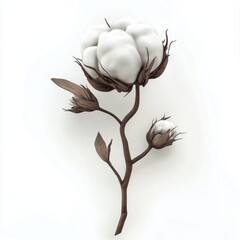 Delicate white cotton plant with fluffy fibers isolated on white background