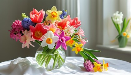 Colorful spring bouquet of daffodils, tulips, and hyacinths in a vase with copy space for floral design