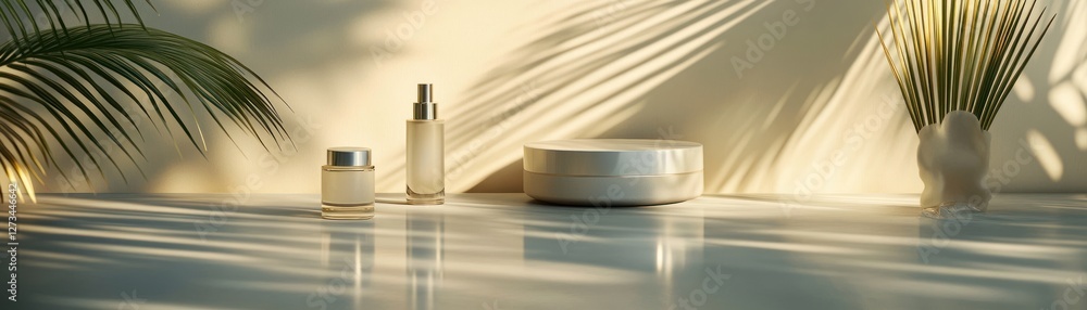 Poster skincare product display illuminated by sunlight and shadows