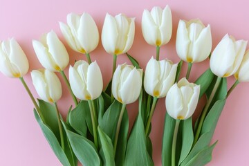 Obraz premium Close-up of a bunch of white tulips on a pink surface, ideal for decorating or design inspiration