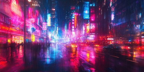 Fototapeta premium A vibrant futuristic cityscape ablaze with reds, pinks, blues, and purples, exuding energy and dynamism through its diverse architectural wonders