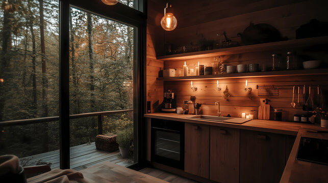Coastal kitchen at night with warm lighting, cozy atmosphere, and candles creating a relaxed vibe