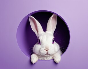 Fototapeta premium White Rabbit Peeking Through Purple Hole