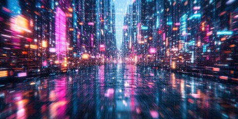Fototapeta premium A vibrant futuristic cityscape bathed in multicolored lights, creating depth and a mesmerizing aura with its intricate, dynamic arrangements