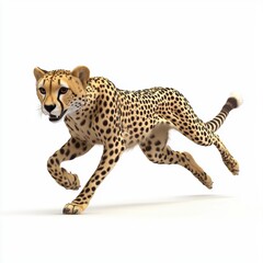 Graceful cheetah mid-sprint with dynamic motion isolated on white background