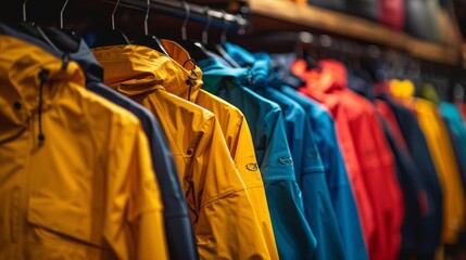 Brightly colored outdoor jackets are neatly arranged on hangers in a retail store, showcasing a variety of hues perfect for adventurous activities in a cool environment.