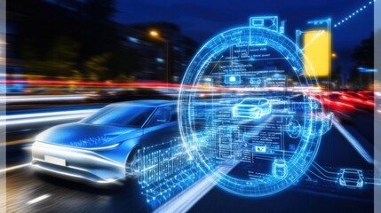 Revolutionary smart car technology urban nightscape digital innovation futuristic environment motion perspective autonomous vehicles