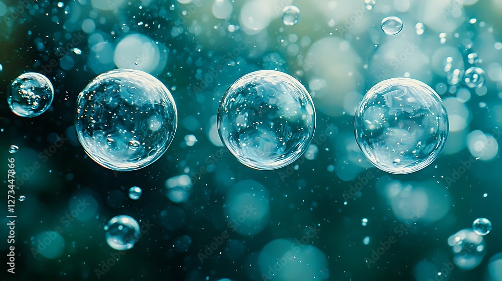 Aufkleber Three bubbles float in the air with a forest bokeh background, ideal for backgrounds