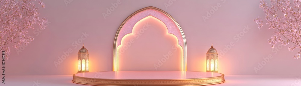 Poster elegant pink display with golden accents and soft blossoms