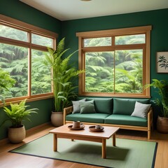 Fototapeta premium Serene Green Living Room with Rainforest View