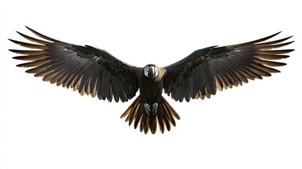 Fototapeta premium A high-definition image of a macaw flying, with wings extended, isolated on a white background for a clean and bold visual effect