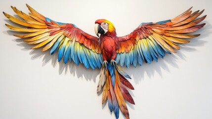 Obraz premium A macaw flying in perfect form, its wings spread wide to showcase its colorful feathers, against a smooth white background