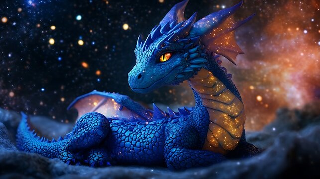 Stuffed dragon with glowing scales under a starry galaxy sky