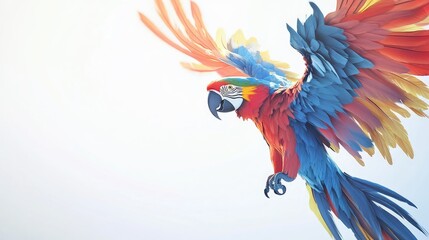 A macaw soaring through the air, showcasing its radiant feathers in blue, red, and yellow, isolated against a pristine white backdrop