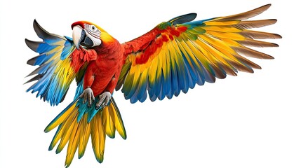 Obraz premium A macaw with colorful feathers in flight, wings extended, isolated against a white background to highlight the bird's bright and vivid colors