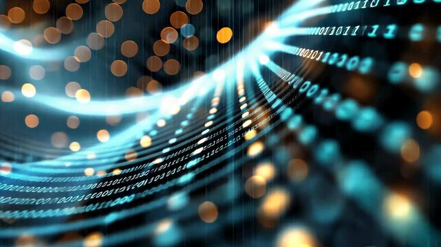 Engage with mesmerizing digital waves intertwined with binary patterns, showcasing a vibrant, high-tech atmosphere