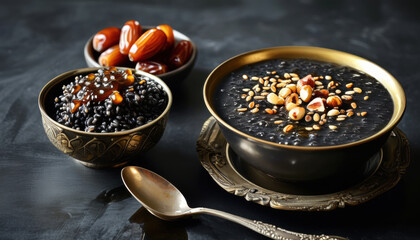 Nutritious rye porridge with dates and nuts in decorative bowls for healthy breakfast options