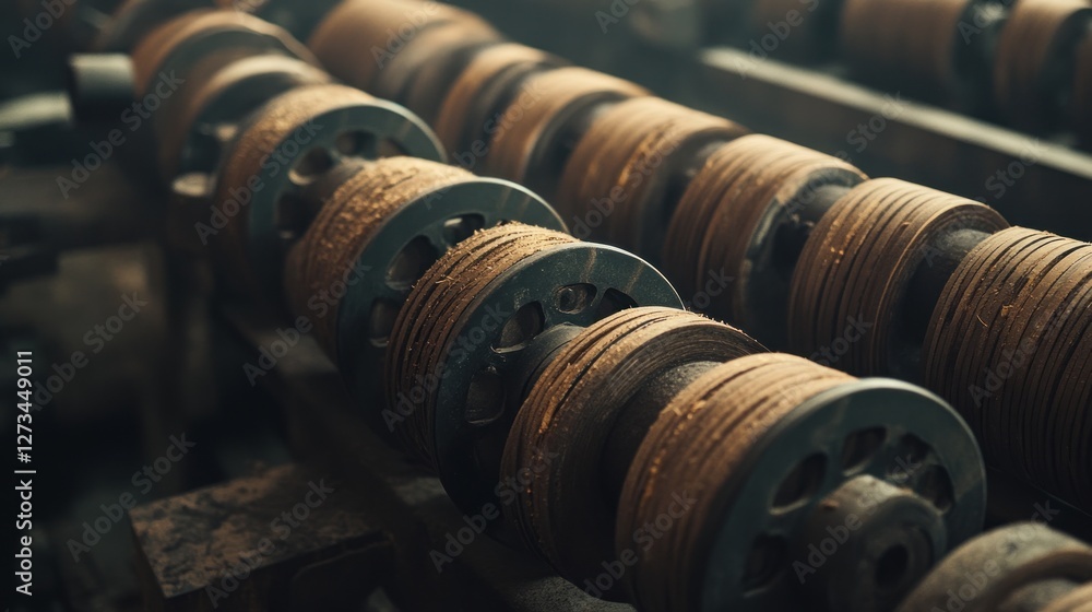 Poster two rows of old rusty wheels aligned together closely