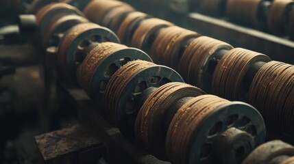 Two rows of old rusty wheels aligned together closely