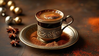 Close up Turkish coffee in traditional cup with copy space for cultural beverage and design