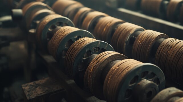 Two rows of old rusty wheels aligned together closely