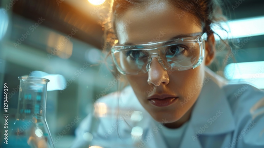 Poster a dedicated scientist in a lab coat examines a chemical reaction in a glass flask while wearing prot
