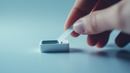 A hand inserting a test strip into a glucose meter, showing a blood sugar reading. Featuring self-testing and diabetes management