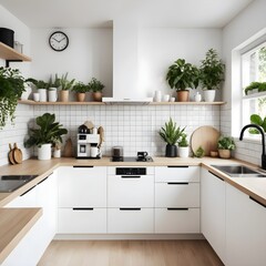 Fototapeta premium Modern Minimalist Kitchen Interior with Plants