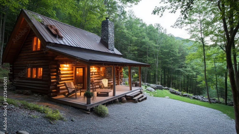 Poster cozy log cabin with illuminated windows and a charming porch